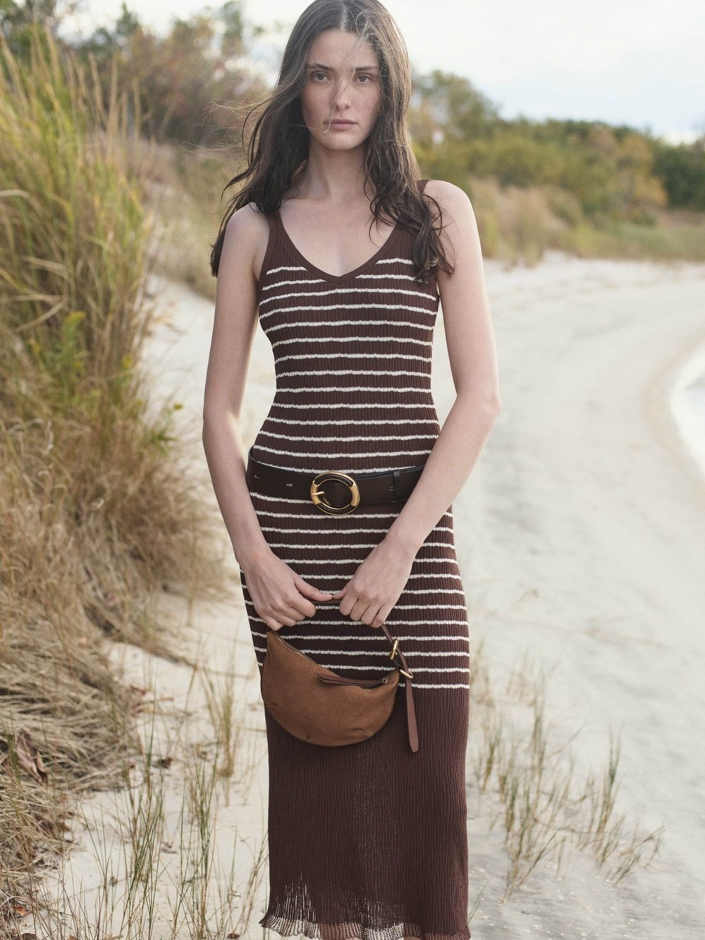 rag & bone Brown and Cream Striped Knit V-Neck Midi Dress size L but fits M NWT